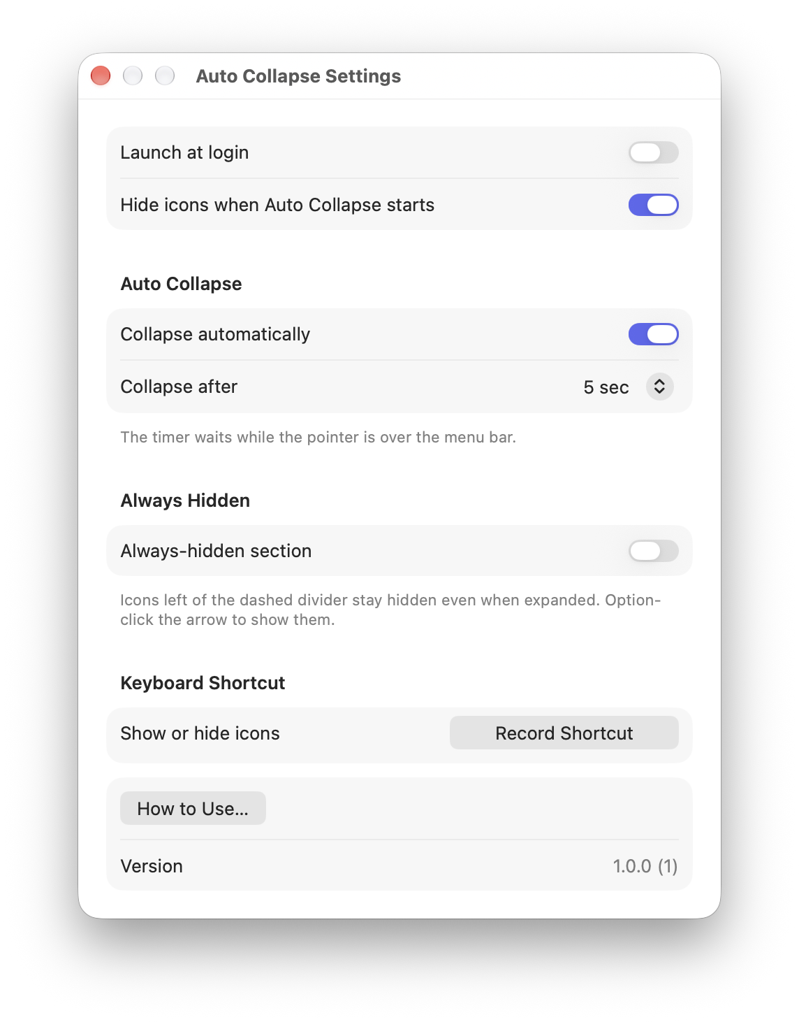Auto Collapse settings: launch at login, collapse automatically, collapse after 5 seconds, always-hidden section and keyboard shortcut